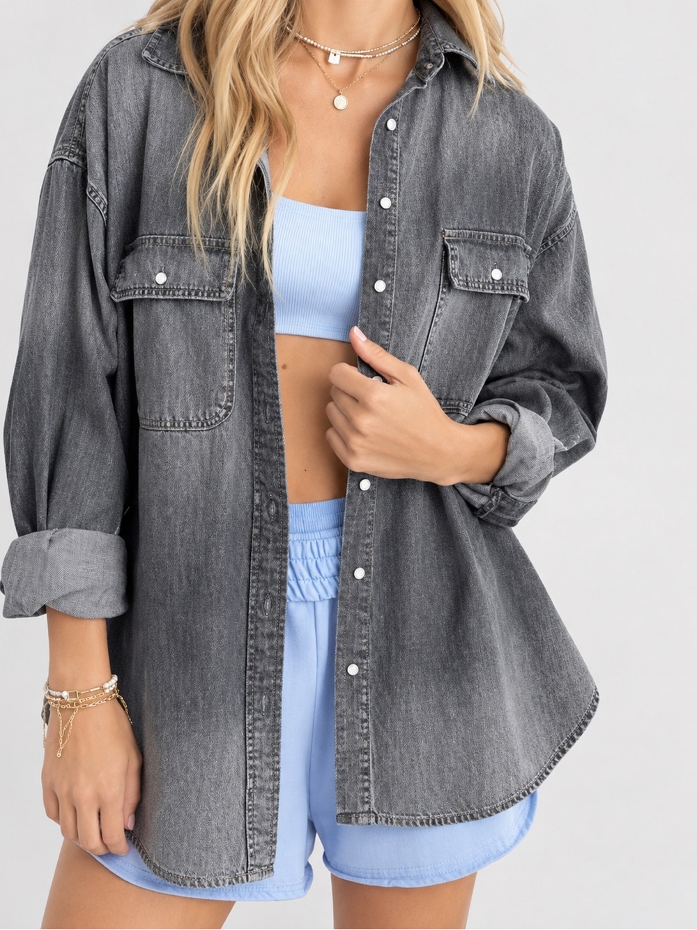 Aerie Gray Washed Denim Oversized Button-Up Shirt